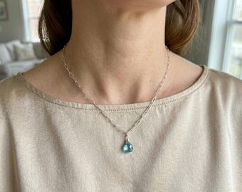Blue Topaz Drop Necklace • Sterling Silver Paperclip Chain • Wire Wrapped Briolette Pendant