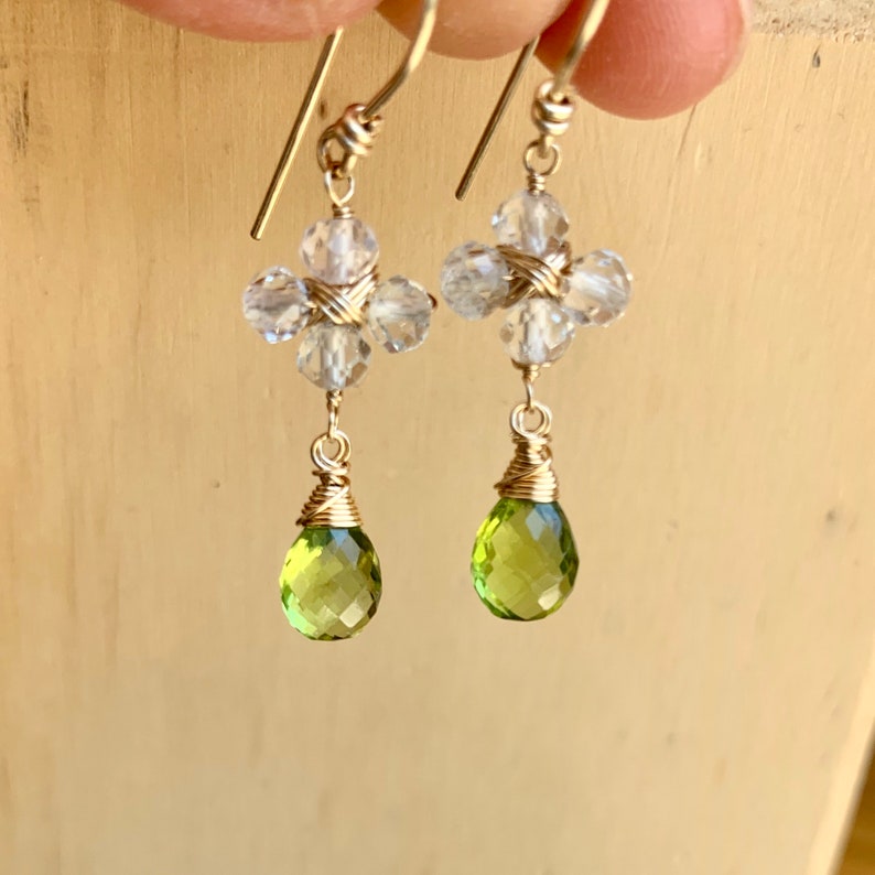 White topaz and peridot floral inspired earrings on gold fill wire