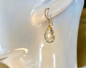 Green amethyst faceted teardrop gemstones on hand wrapped gold filled wire