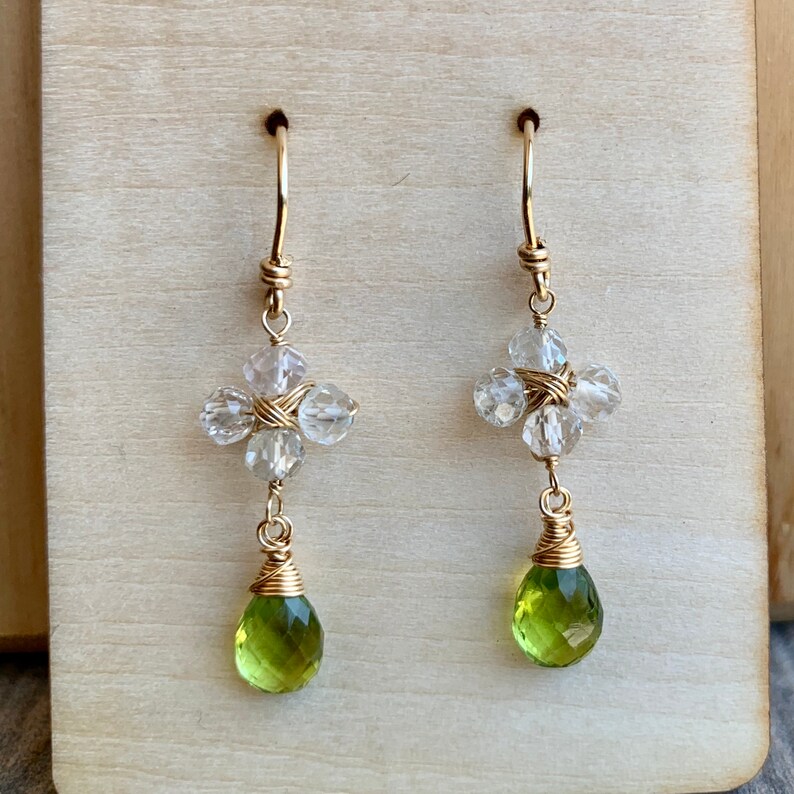 White topaz and peridot floral inspired earrings on gold fill wire