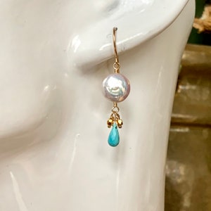 Coin pearl drop earrings with turquoise on 14 karat gold-fill