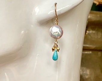 Coin pearl drop earrings with turquoise on 14 karat gold-fill