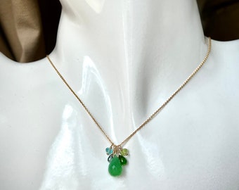 Gemstone cluster necklace with focal stone in chrysoprase on gold filled chain
