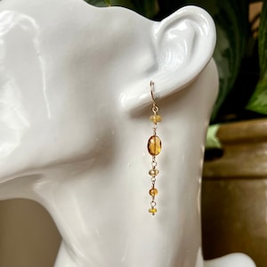 Golden gemstone linear drop earrings on 14K gold filled wire