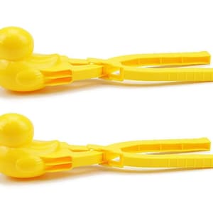 May include: Two yellow plastic duck-shaped snow ball makers. Each has a duck head and body, with handles for easy use. The snow ball makers are designed to create perfectly shaped snowballs for winter fun.