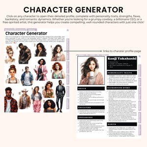 Op de afbeelding: Een personagegenerator met 14 verschillende personages, elk met een nummer en een link naar een gedetailleerd profiel. Het profiel voor Kenji Takahashi, een vrouwelijk personage met bruin haar en bruine ogen, wordt getoond. Het profiel bevat persoonlijkheidskenmerken, vaardigheden, achtergrondverhaal, opleiding, uiterlijk en gewoonten.