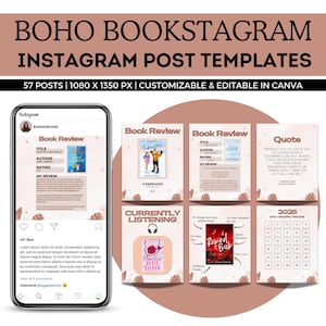 Bookstagram Boho Template, Social Media Post Canva Template, Bookish Instagram, Book Lover Social Media, Book Review Editable Template