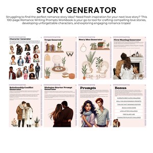 Op de afbeelding: Een printbaar werkboek met illustraties van stellen en de tekst "Story Generator". Het werkboek bevat prompts voor het schrijven van romantische verhalen, het ontwikkelen van personages en het verkennen van tropes.