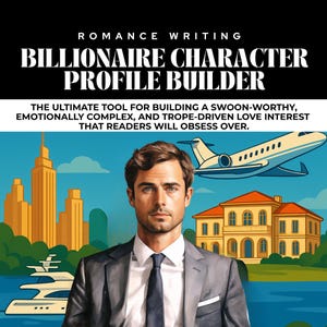 Może przedstawiać: Ilustracja promująca pisanie romansów. Obraz przedstawia mężczyznę w garniturze, prywatny odrzutowiec, rezydencję i tekst "Billionaire Character Profile Builder". Tekst wspomina również budowanie godnego westchnień, emocjonalnie złożonego zainteresowania miłosnego.