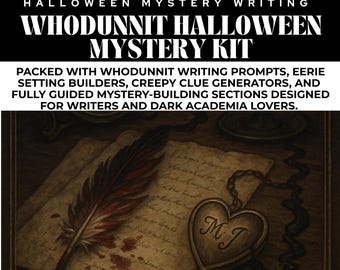 May include: A Halloween Mystery Kit with the text "WHODUNNIT HALLOWEEN MYSTERY KIT". The image features a quill pen, a heart-shaped pendant with "MJ" on it, and aged paper with writing. The kit is designed for writers and dark academia lovers.