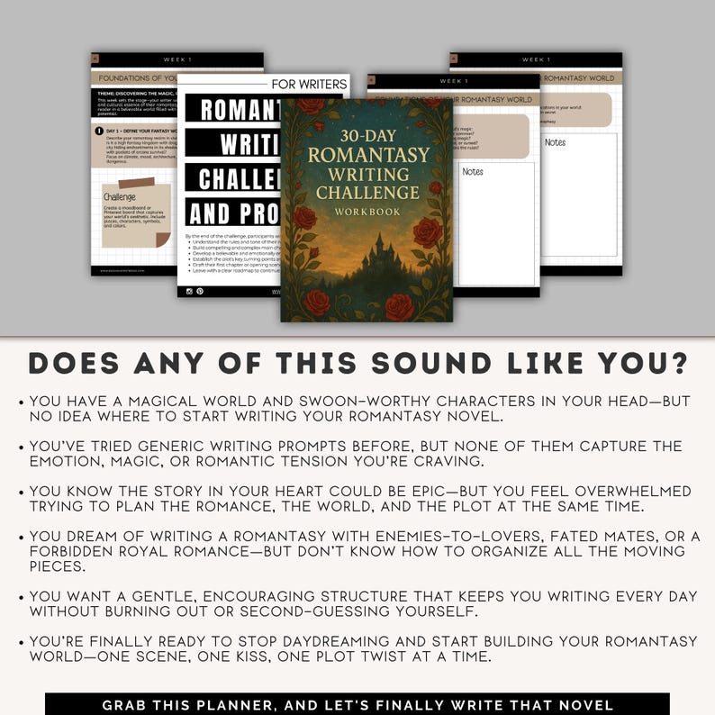 Romantasy Writing Workbook, 30 Day Writing Challenge, Fantay Romance ...