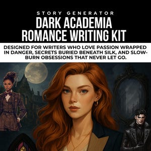 Peut inclure: Illustration pour un "Kit d'écriture de romance Dark Academia" avec superposition de texte. L'image présente une femme aux cheveux roux et un fond sombre avec une pleine lune. Le texte se lit comme suit : "Conçu pour les écrivains qui aiment la passion enveloppée de danger, les secrets enfouis sous la soie et les obsessions lentes qui ne lâchent jamais."