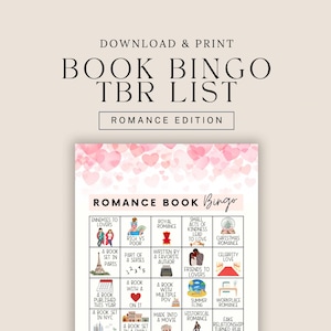Puede incluir: Una lista imprimible de "Book Bingo TBR" para novelas románticas. El diseño presenta una tarjeta de bingo con varios tropos de libros románticos y un fondo de corazones rosas. El texto incluye "Descargar e Imprimir" y "Edición Romántica."
