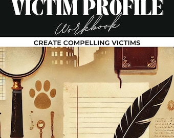 Può includere: Un quaderno di lavoro di guida alla scrittura intitolato "Profilo della vittima" con lo slogan "Crea vittime convincenti". La copertina presenta una lente d'ingrandimento, un'impronta di zampa, una penna, un quaderno e un libro.