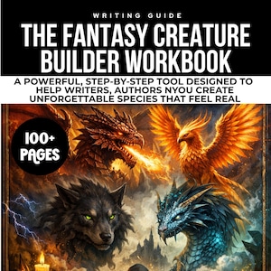 May include: The Fantasy Creature Builder Workbook, a writing guide, features a cover with a dragon breathing fire, a phoenix, a wolf, and a blue dragon. The book promises over 100 pages of content to help writers create unforgettable fantasy creatures.