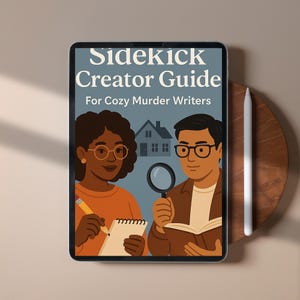May include: A digital tablet displays the cover of a guide titled "Sidekick Creator Guide For Cozy Murder Writers." The cover illustration features two cartoon figures, a woman with glasses and a man with glasses, with a house and magnifying glass.
