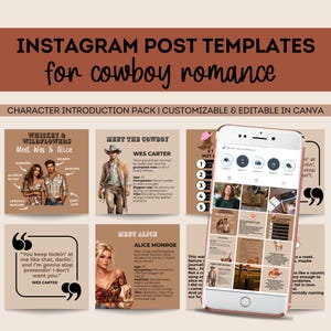 Könnte beinhalten: Instagram-Postvorlagen für Cowboy-Romantik mit Charaktervorstellungen. Das Design umfasst Bilder eines Cowboys, einer Frau und eines Smartphones, das Instagram-Posts anzeigt. Das Farbschema ist hauptsächlich braun und beige.