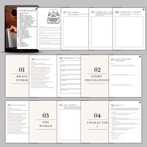 May include: A black and white printable workbook with the title "Story Foundations" and a checklist for plot structure, personality traits, and the journey of a character.
