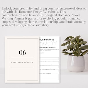 May include: A black and white printable worksheet titled "Craft Your Romance" with the number 06 in the top left corner. The worksheet is part of a workbook for writing romance novels. The worksheet asks questions about character traits, outlook on love, internal struggles, and character arc.