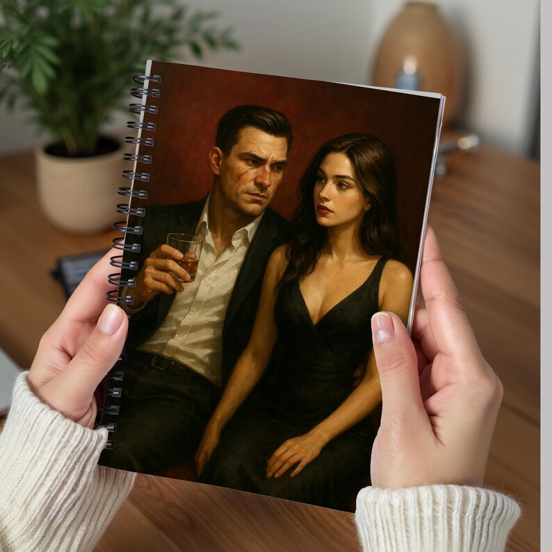 May include: Spiral-bound notebook featuring a romantic painting of a man and woman. The man, in a suit, holds a glass of amber liquid. The woman wears a black dress. The artwork has a vintage, classic style with a dark red background.