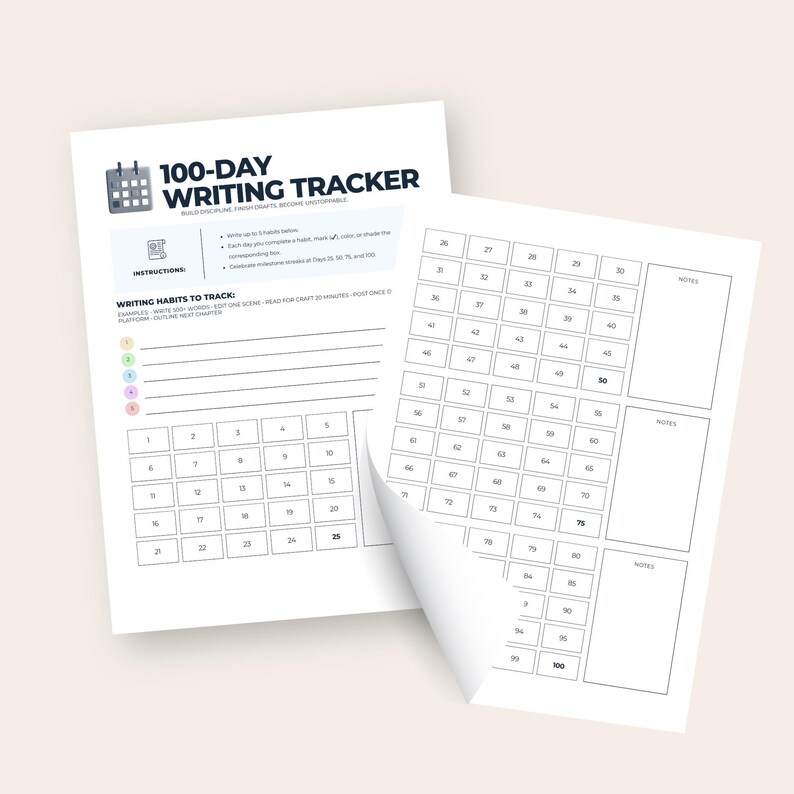 100 Day Writing Habits Tracker Printable, Goal Tracker for Authors ...