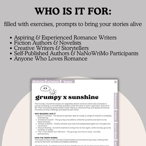 Op de afbeelding: Een digitale download voor schrijvers met een afbeelding van een chagrijnig gezicht en een zonnige gezicht met de tekst "Grumpy x Sunshine". De tekst legt de "Grumpy x Sunshine"-trope uit in romantische literatuur, wat een tegenpolen-aantrekken-romance is waarbij &eacute;&eacute;n personage cynisch, broedend of emotioneel beschermd is, terwijl de ander warm, optimistisch en vol leven is. De tekst legt ook uit waarom lezers van deze trope houden en hoe het werkt.