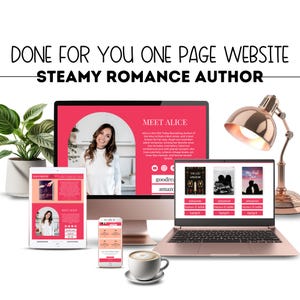 May include: A computer screen displaying a website for a romance author. The website features a photo of the author, a bio, and links to her books. The books are also displayed on a laptop computer, along with links to purchase them on Amazon, Barnes & Noble, and Target.