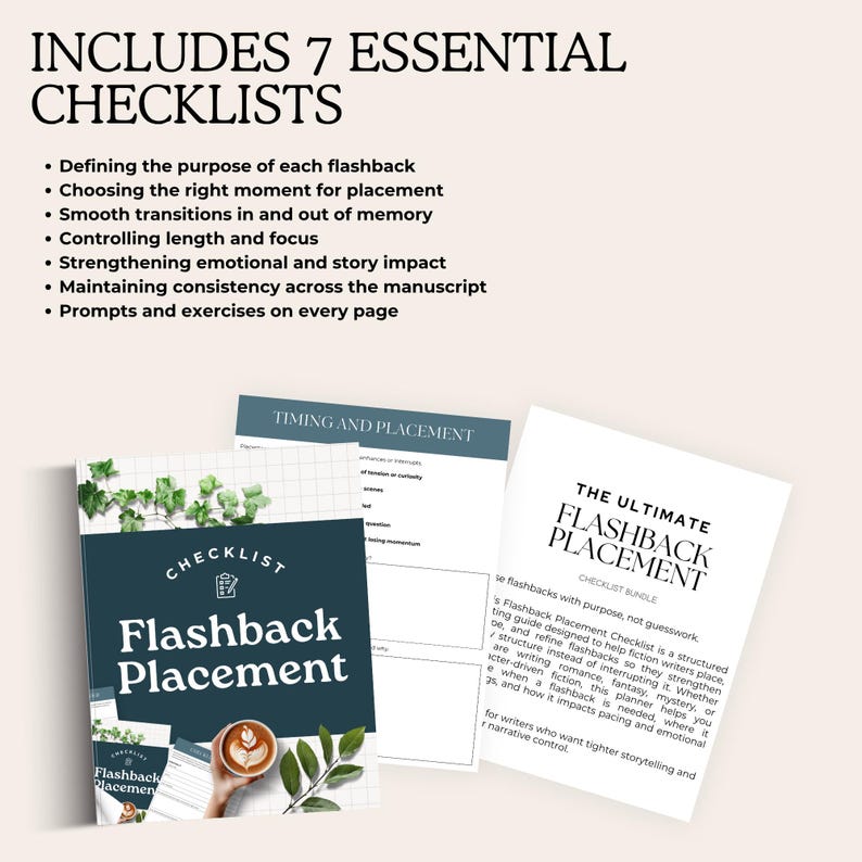 K&ouml;nnte beinhalten: Eine Sammlung von Schreibanleitungen mit dem Titel "Flashback Placement" mit dem Text "Enth&auml;lt 7 wesentliche Checklisten". Die Anleitungen sind in T&uuml;rkis- und Wei&szlig;t&ouml;nen gehalten, mit einer Kaffeetasse und Pflanzenakzenten.