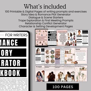 Op de afbeelding: Een roze en zwart werkboek met de titel "Romance Story Generator Workbook" met een omslagfoto van een vrouw met lang bruin haar en een roze jurk. Het werkboek bevat 100 pagina's met schrijfopdrachten en oefeningen voor romanauteurs.