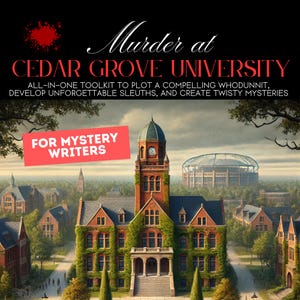 Op de afbeelding: Een rode en witte illustratie van een universiteitscampus met een klokkentoren en een groot stadion op de achtergrond. De tekst "Murder at Cedar Grove University" staat bovenaan de afbeelding. De tekst "All-in-one toolkit to plot a compelling whodunnit, develop unforgettable sleuths, and create twisty mysteries" staat onder de naam van de universiteit. De tekst "For Mystery Writers" staat in een rood kader linksonder in de afbeelding.