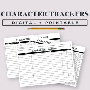 Puede incluir: Tres hojas de seguimiento de personajes imprimibles con líneas negras y texto. La hoja superior dice "Character Tracker" con las palabras "Description" y "Name" debajo. La segunda hoja dice "Character" con las palabras "Act/Chapter" y "Project Name" debajo. La tercera hoja dice "Character" con las palabras "Main Side" y "Side" debajo.