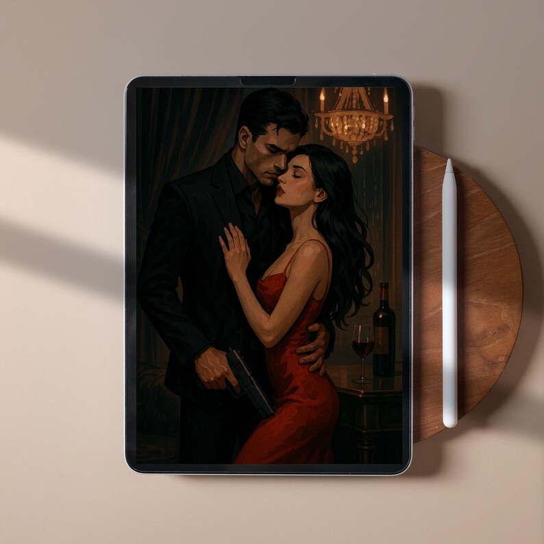 May include: Digital art print of a couple embracing, the man in a black suit and the woman in a red dress. The man holds a gun. A bottle of wine and a glass are on a table in the background.