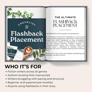 K&ouml;nnte beinhalten: Offenes Buch mit dem Titel "The Ultimate Flashback Placement". Die Seiten zeigen einen Text &uuml;ber einen Schreibleitfaden f&uuml;r Belletristikautoren. Eine Kaffeetasse und Gr&uuml;nzeug sind ebenfalls zu sehen.
