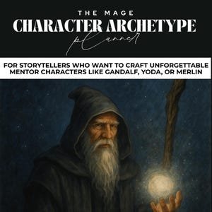May include: A white-bearded man in a dark blue hooded robe holds a glowing orb in his hand. He is standing in front of a dark blue background with stars. The text "THE MAGE CHARACTER ARCHETYPE" is at the top of the image. The text "FOR STORYTELLERS WHO WANT TO CRAFT UNFORGETTABLE MENTOR CHARACTERS LIKE GANDALF, YODA, OR MERLIN" is at the bottom of the image.
