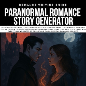 May include: An illustration for a paranormal romance writing guide. The title reads "Paranormal Romance Story Generator." The image features a dark-haired man and woman gazing at each other, with a castle, moon, and fire in the background.
