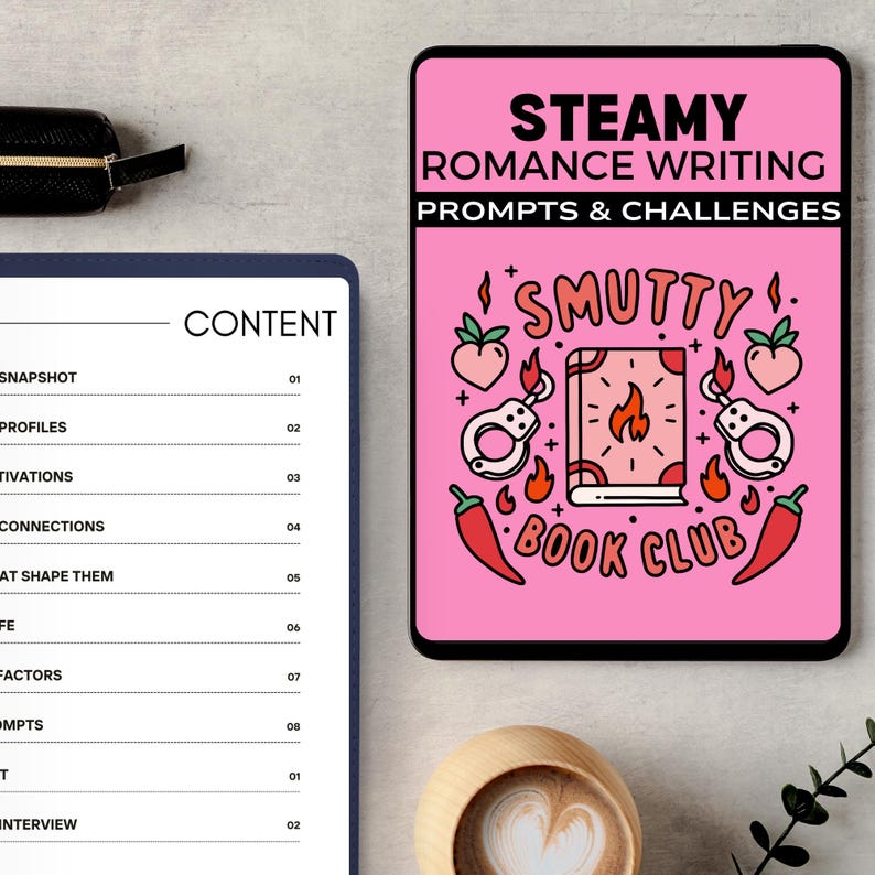 May include: A pink digital planner with the text "Steamy Romance Writing Prompts & Challenges" and a graphic of a book with handcuffs, chili peppers, and the text "Smutty Book Club".