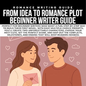 以下が含まれることがあります： ロマンス執筆ガイドのイラスト。背景にハートと雲があるカップルが描かれています。テキストは「From Idea to Romance Plot Beginner Writer Guide」と書かれています。