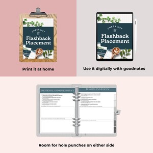 K&ouml;nnte beinhalten: Ein Bild, das eine Checkliste mit dem Titel "Flashback Placement" auf einem Klemmbrett, einem Tablet und einem Ordner zeigt. Der Text enth&auml;lt "Print it at home", "Use it digitally with goodnotes" und "Room for hole punches on either side".