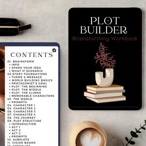 May include: A black and white workbook titled "Plot Builder: Brainstorming Workbook" with a stylized illustration of a stack of books and a plant in a white vase. The workbook includes a table of contents with sections for brainstorming, story foundations, character development, plot structure, and prompts.