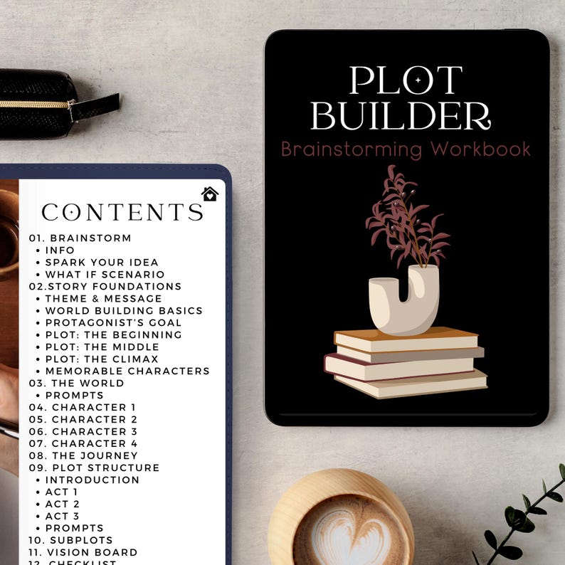May include: A black and white workbook titled "Plot Builder: Brainstorming Workbook" with a stylized illustration of a stack of books and a plant in a white vase. The workbook includes a table of contents with sections for brainstorming, story foundations, character development, plot structure, and prompts.