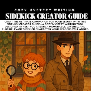 May include: Illustration for a cozy mystery writing guide. The image features two characters, one holding a magnifying glass. The text reads "SIDEKICK CREATOR GUIDE" and "COZY MYSTERY WRITING". The background shows a window with books and autumn leaves.