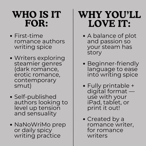 May include: A graphic with the text "WHO IS IT FOR:" and "WHY YOU'LL LOVE IT:" lists. The text describes the product as being for romance authors, writers exploring steamier genres, and self-published authors. It is fully printable and in digital format.