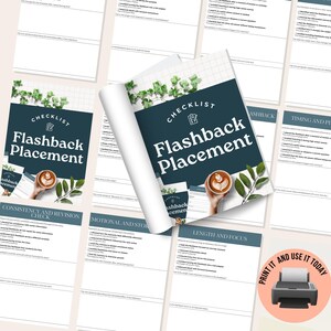 K&ouml;nnte beinhalten: Eine Reihe von Checklisten mit dem Titel "Flashback Placement" mit dunkelblauem Umschlag und wei&szlig;em Text. Die Checklisten umfassen Abschnitte zu Konsistenz, &Uuml;berarbeitung, emotionaler Wirkung und Fokus. Eine Kaffeetasse und Gr&uuml;npflanzen sind im Design enthalten. Ein Drucker ist ebenfalls abgebildet.