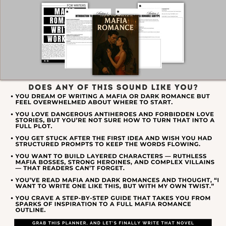 May include: A planner for writers with the title "Mafia Romance" is displayed, along with several pages of writing prompts. The text on the planner cover shows a couple embracing. The image also includes text that reads "For Writers".