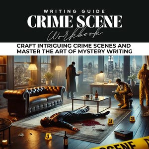 May include: A crime scene investigation in a dimly lit room with a body lying on the floor. The room has a large window with a city skyline view at night. There are three yellow evidence markers on the floor, a wine bottle, and a glass of wine on a coffee table. The text "CRIME SCENE Workbook" is at the top of the image.
