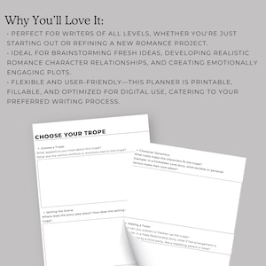 May include: A printable romance writing planner with the title "Choose Your Trope". The planner includes sections for choosing a trope, character dynamics, setting the scene, and adding a twist.
