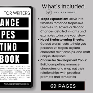 May include: A black and white digital book cover with the title "Romance Tropes Writing Book" for writers. The cover features a checkmark and the text "What's included" with a list of key features: Trope Exploration, Novel Brainstorming Sheets, and Character Development Tools. The book is 69 pages long.