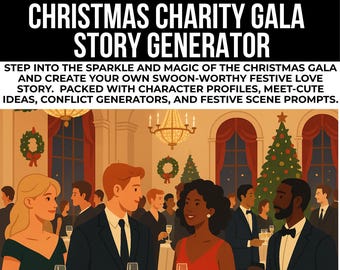 May include: Illustration of a Christmas Charity Gala Story Generator. The image features a festive scene with people in formal attire, holding champagne glasses. The text reads: "Step into the sparkle and magic of the Christmas Gala and create your own swoon-worthy festive love story."