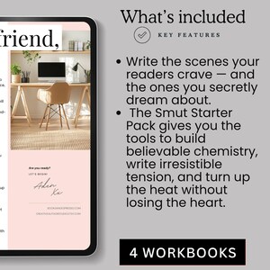 May include: A digital tablet displays a pink and white graphic with text. The text includes "What's included" and bullet points describing tools to build believable chemistry and write irresistible tension. The image also says "4 WORKBOOKS".