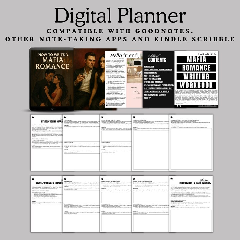 May include: Digital planner with the text "Digital Planner" and "How to Write a Mafia Romance." The planner is compatible with Goodnotes and other note-taking apps. The image includes a workbook with writing prompts.